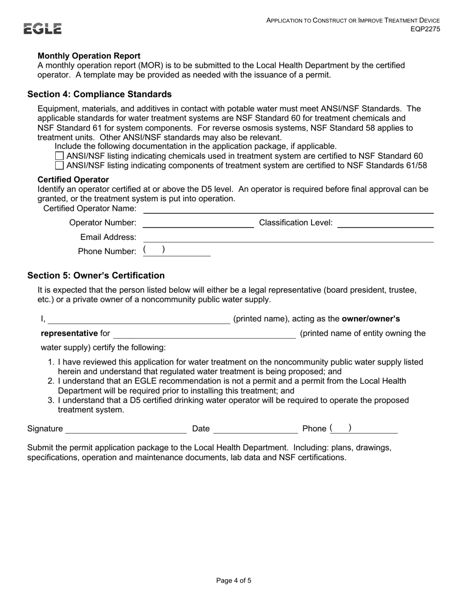Form EQP2275 Application to Construct or Improve Treatment Device - Michigan, Page 4