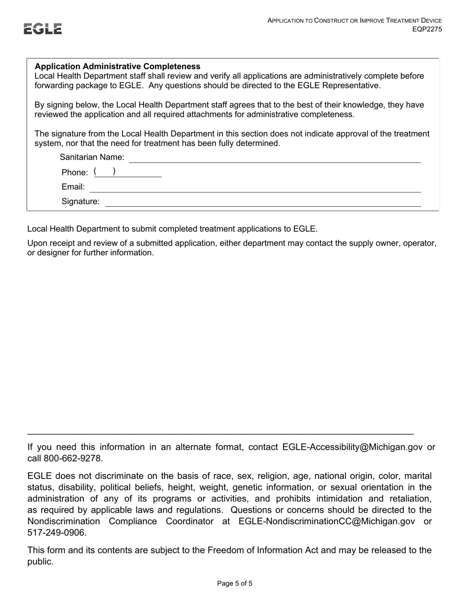 Form EQP2275 Application to Construct or Improve Treatment Device - Michigan, Page 5