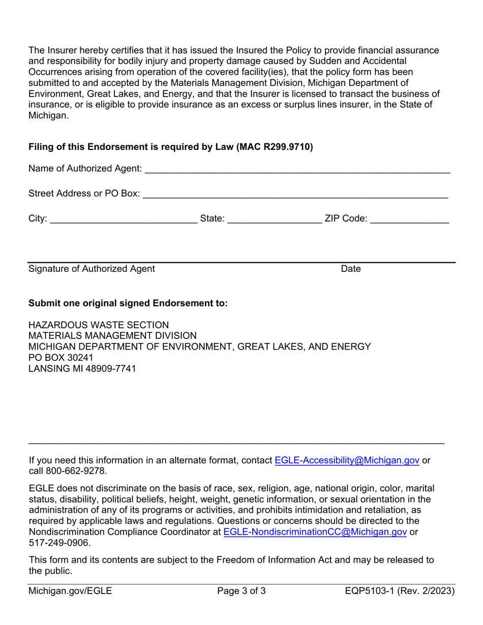 Form EQP5103-1 Hazardous Waste Management Facility Amendatory Endorsement Pollution Legal Liability - Sudden and Accidental for Pre-accepted Policies - Michigan, Page 3