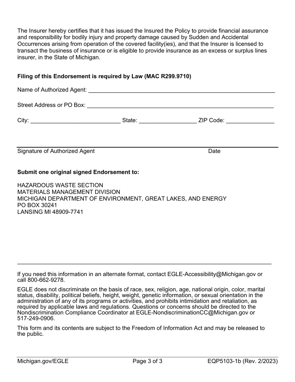 Form EQP5103-1B Hazardous Waste Management Facility Amendatory Endorsement Pollution Legal Liability - Sudden and Accidental - Michigan, Page 3