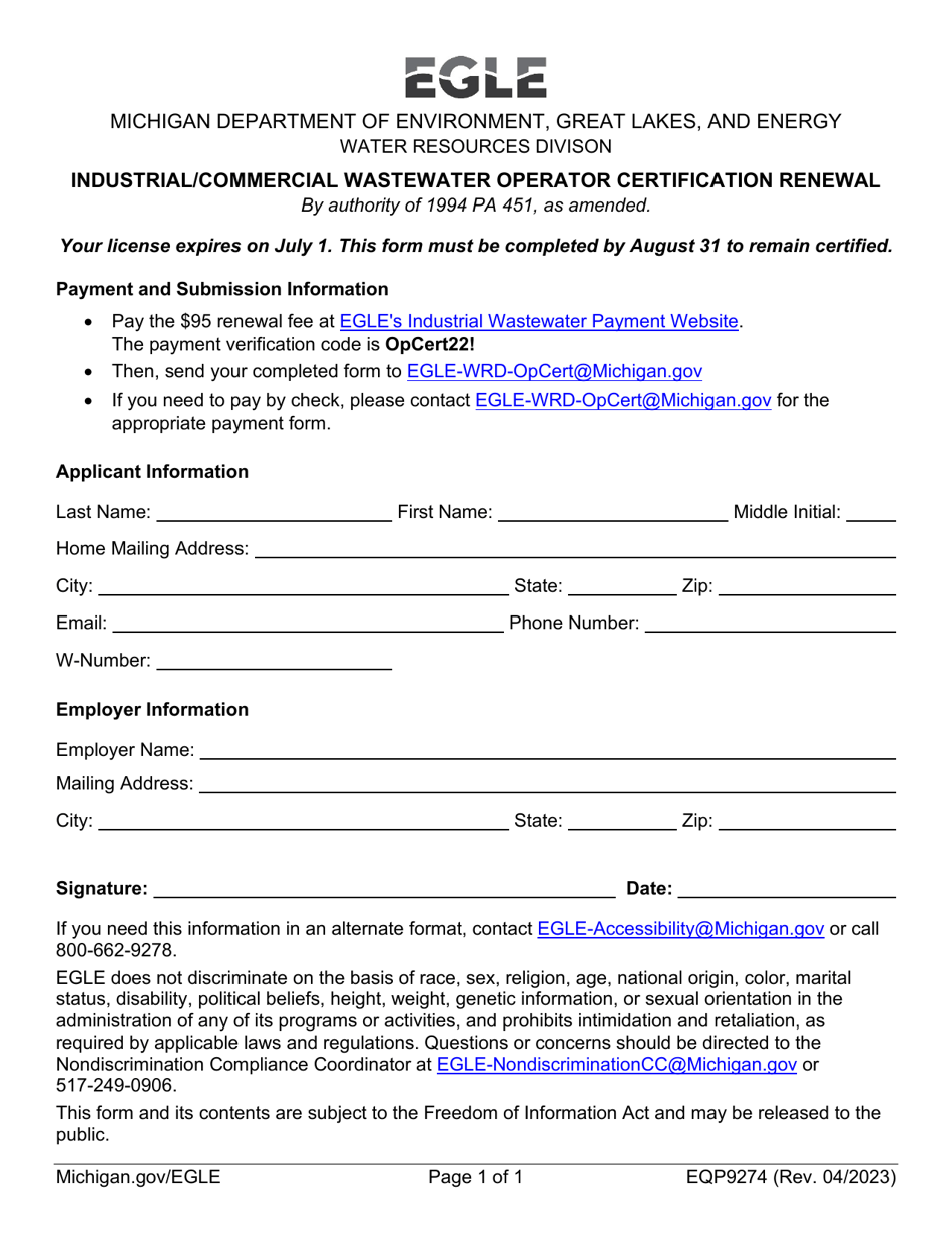 Form EQP9274 Industrial / Commercial Wastewater Operator Certification Renewal - Michigan, Page 1