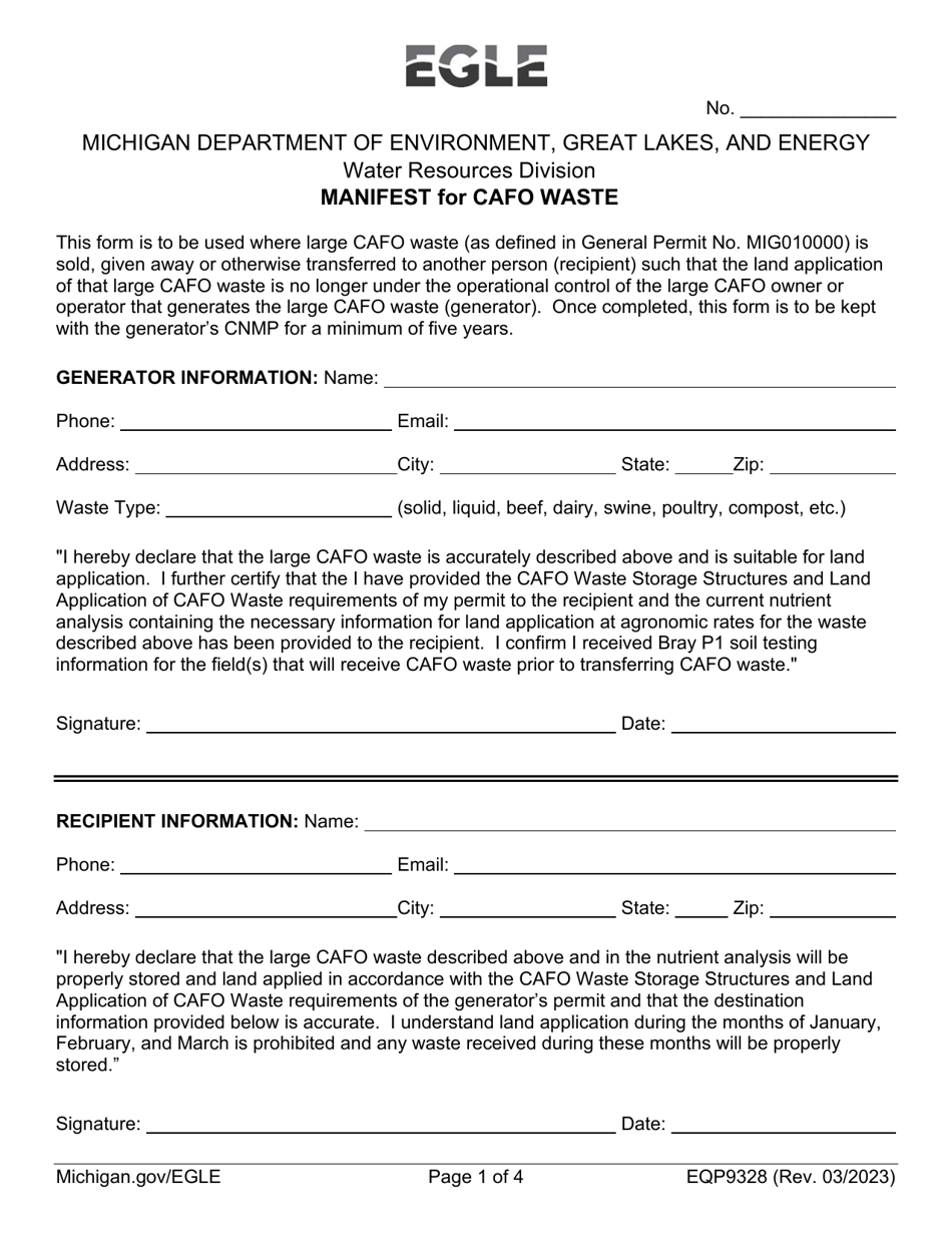 Form EQP9328 Manifest for Cafo Waste - Michigan, Page 1