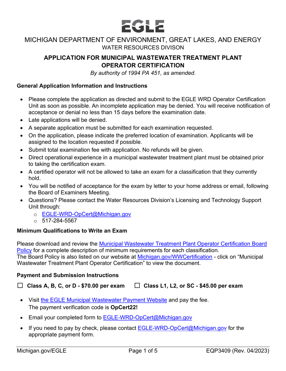 Form EQP3409 Application for Municipal Wastewater Treatment Plant Operator Certification - Michigan, Page 1