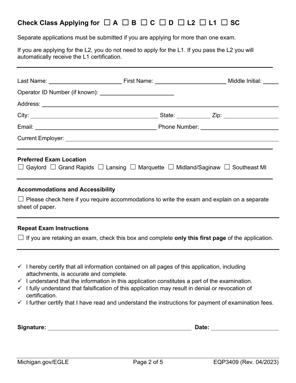 Form EQP3409 Application for Municipal Wastewater Treatment Plant Operator Certification - Michigan, Page 2