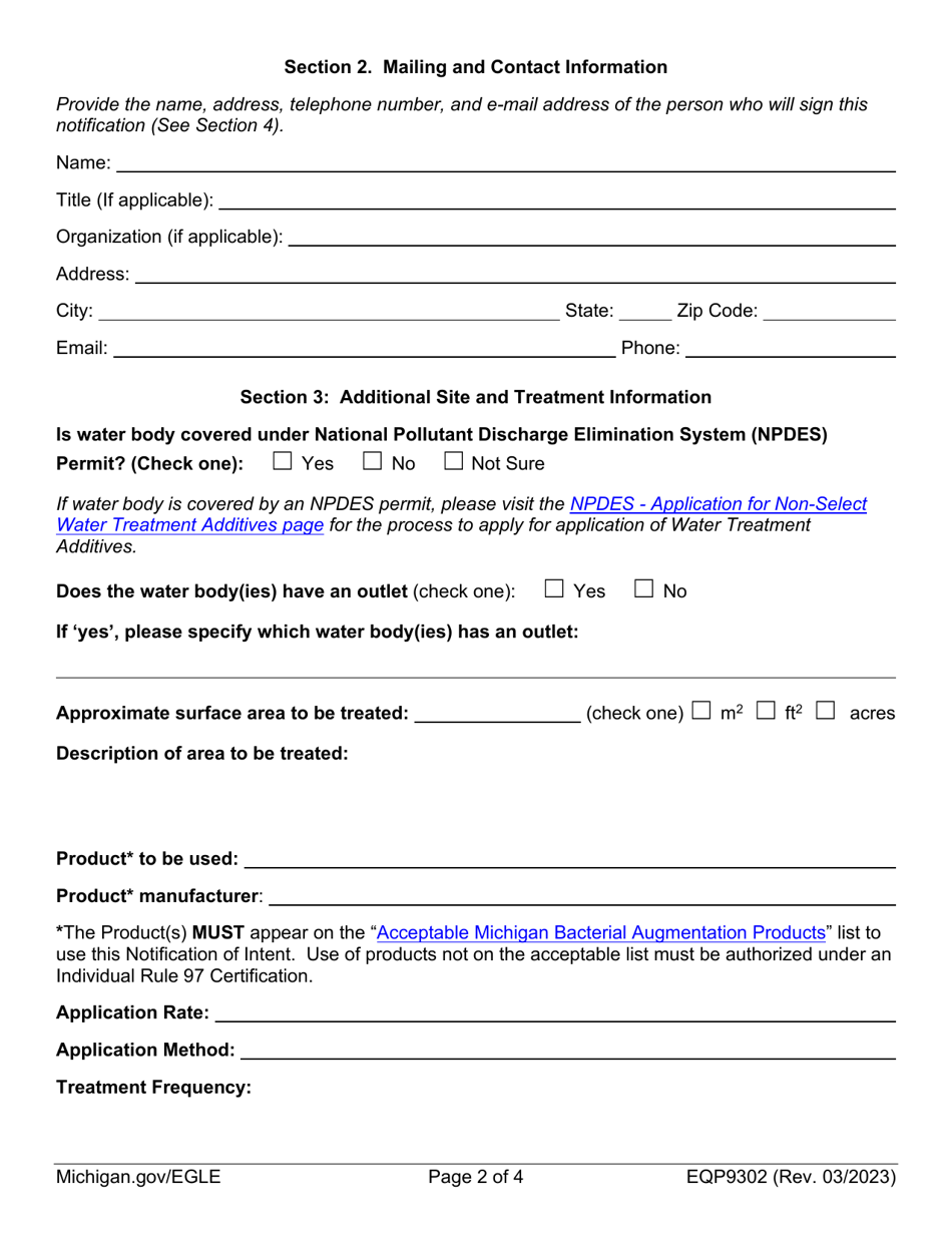 Form EQP9302 Notification of Intent to Treat Certification of Approval Authorizing Bacterial Augmentation in Surface Waters - Michigan, Page 2