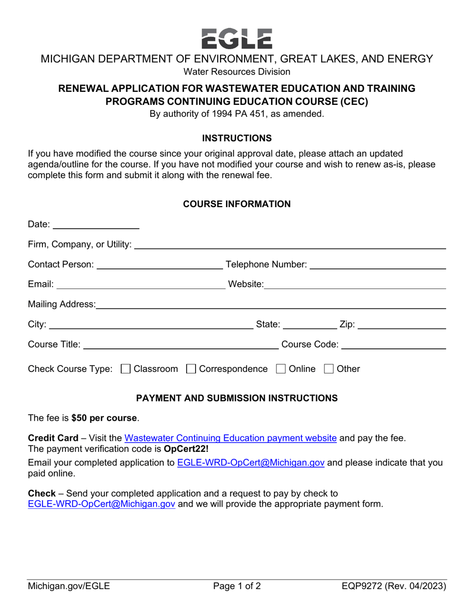 Form EQP9272 Renewal Application for Wastewater Education and Training Programs Continuing Education Course (Cec) - Michigan, Page 1