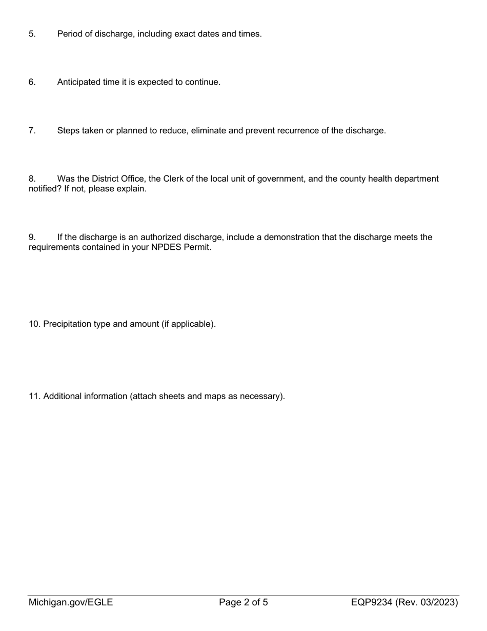 Form EQP9234 Report of Discharge From Concentrated Animal Feeding Operation (Cafo) - Michigan, Page 2