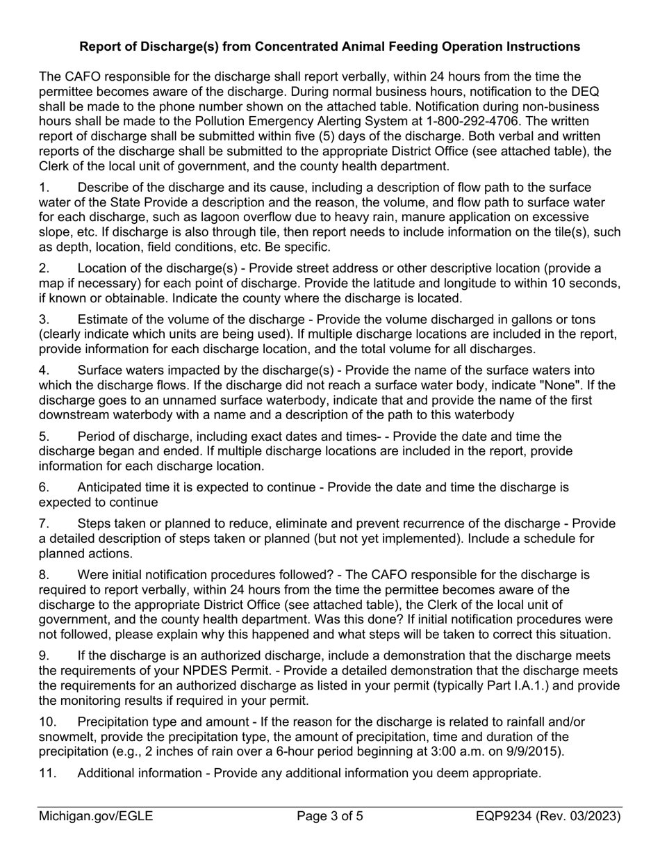 Form EQP9234 Report of Discharge From Concentrated Animal Feeding Operation (Cafo) - Michigan, Page 3