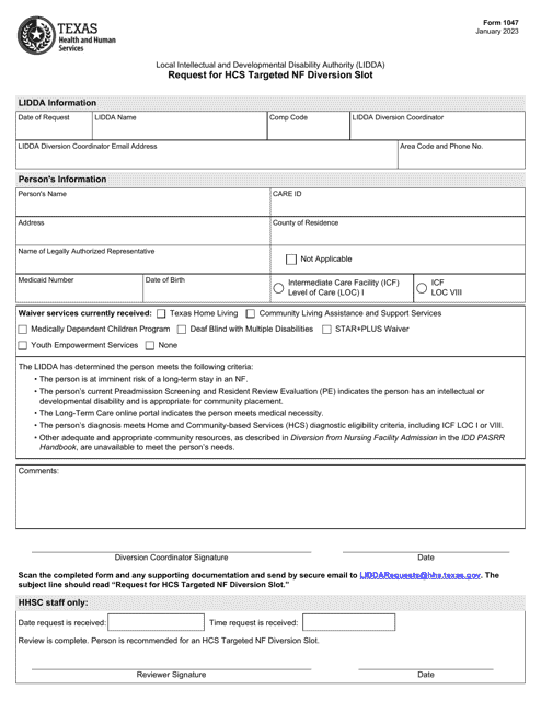 Form 1047 Request for Hcs Targeted Nf Diversion Slot - Texas