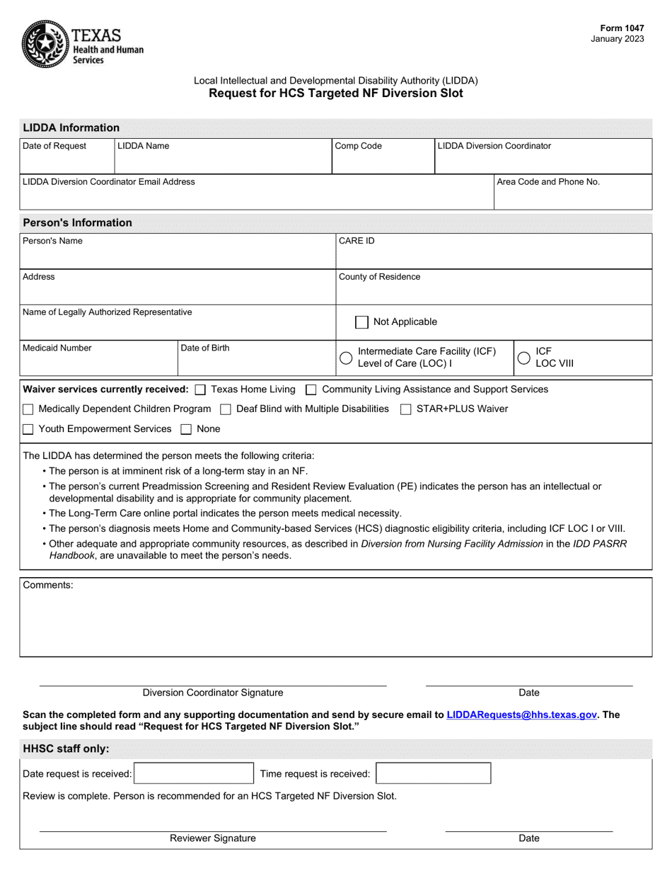 Form 1047 Request for Hcs Targeted Nf Diversion Slot - Texas, Page 1