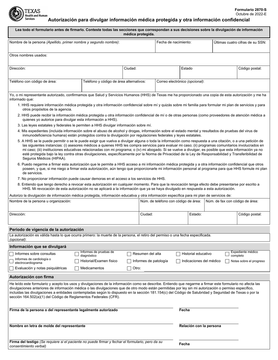 Formulario 2870-S Autorizacion Para Divulgar Informacion Medica Protegida Y Otra Informacion Confidencial - Texas (Spanish), Page 1