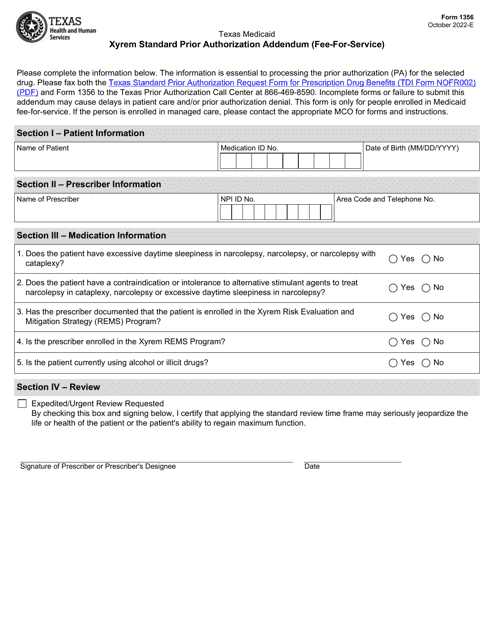 Form 1356 Xyrem Standard Prior Authorization Addendum (Fee-For-Service) - Texas