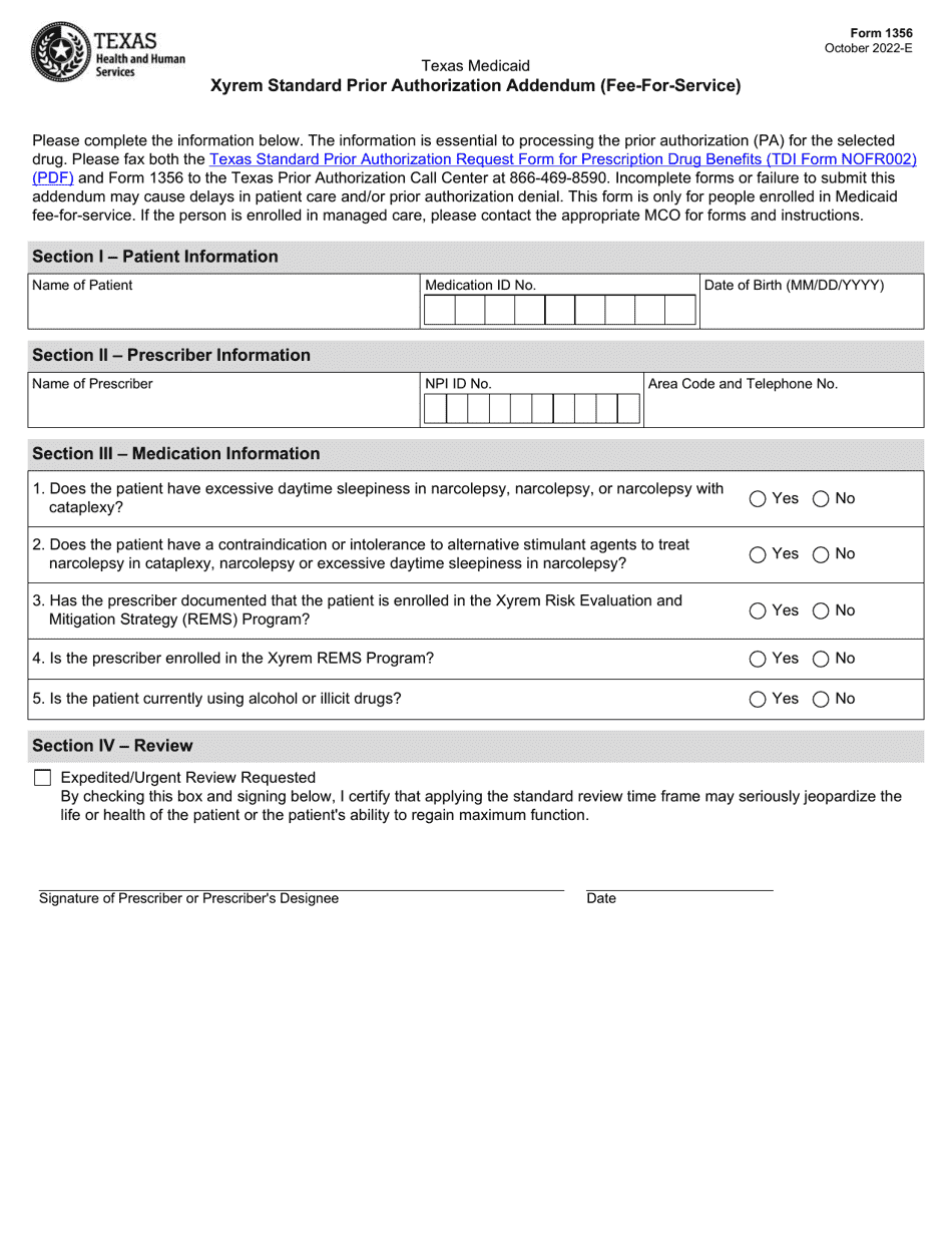 Form 1356 Xyrem Standard Prior Authorization Addendum (Fee-For-Service) - Texas, Page 1