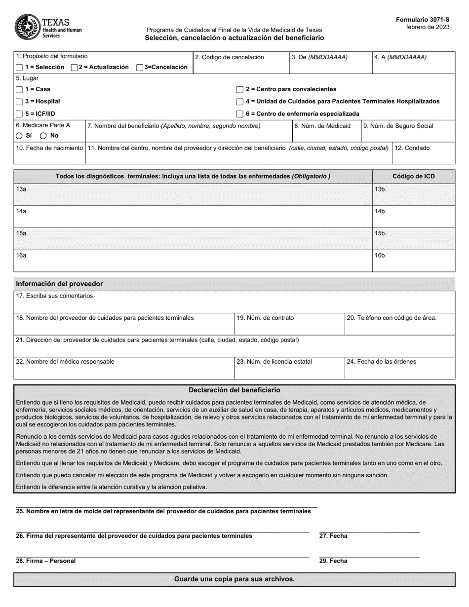 Formulario 3071-S Seleccion, Cancelacion O Actualizacion Del Beneficiario - Programa De Cuidados Al Final De La Vida De Medicaid De Texas - Texas (Spanish), Page 1
