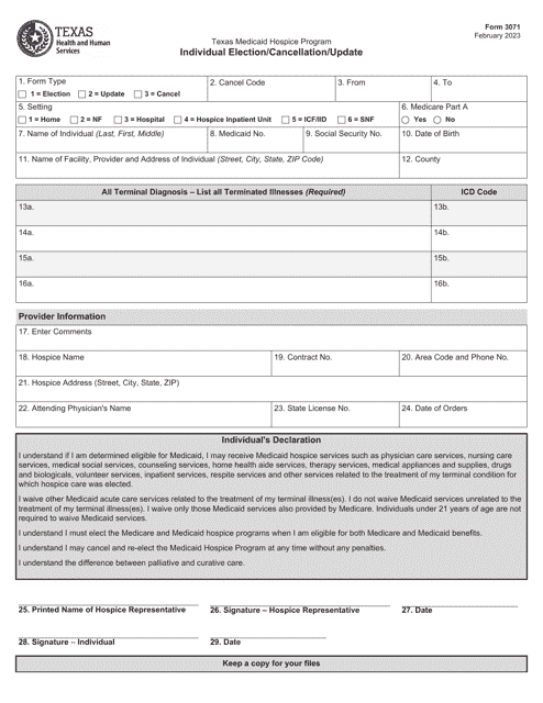 Form 3071 Individual Election/Cancellation/Update - Texas Medicaid Hospice Program - Texas