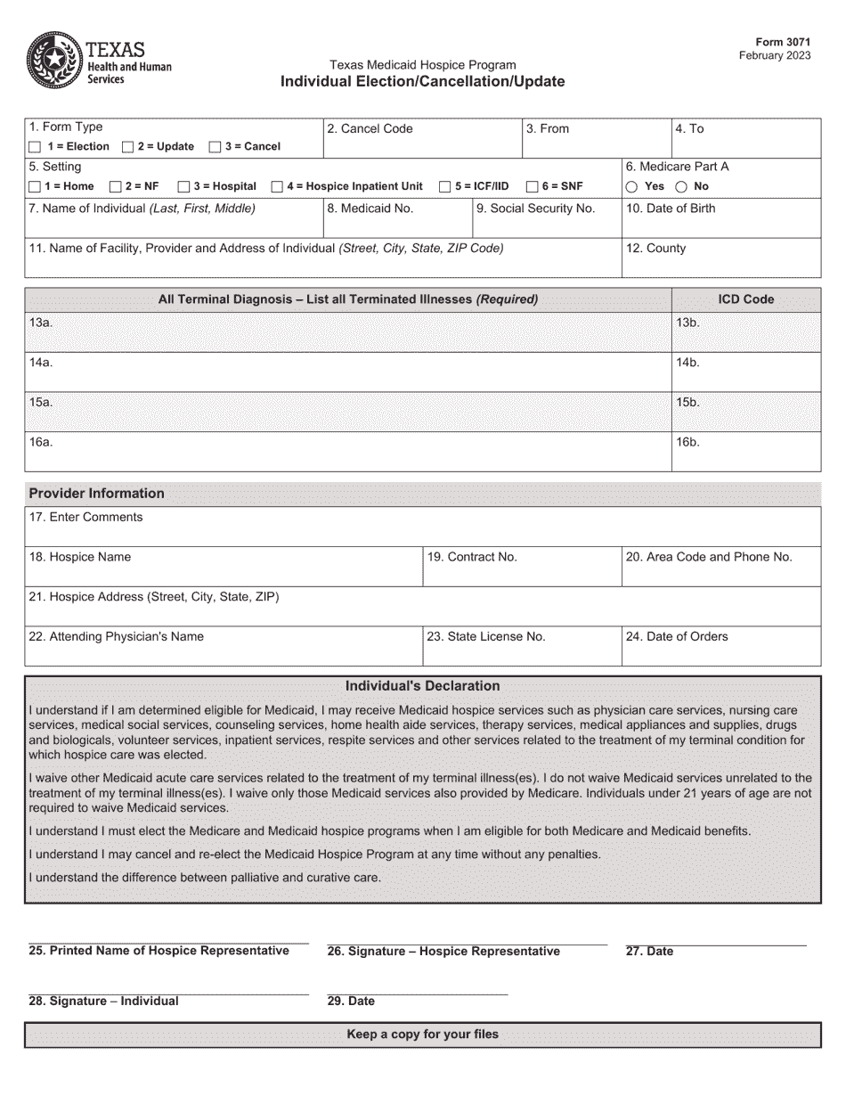 Form 3071 Individual Election / Cancellation / Update - Texas Medicaid Hospice Program - Texas, Page 1