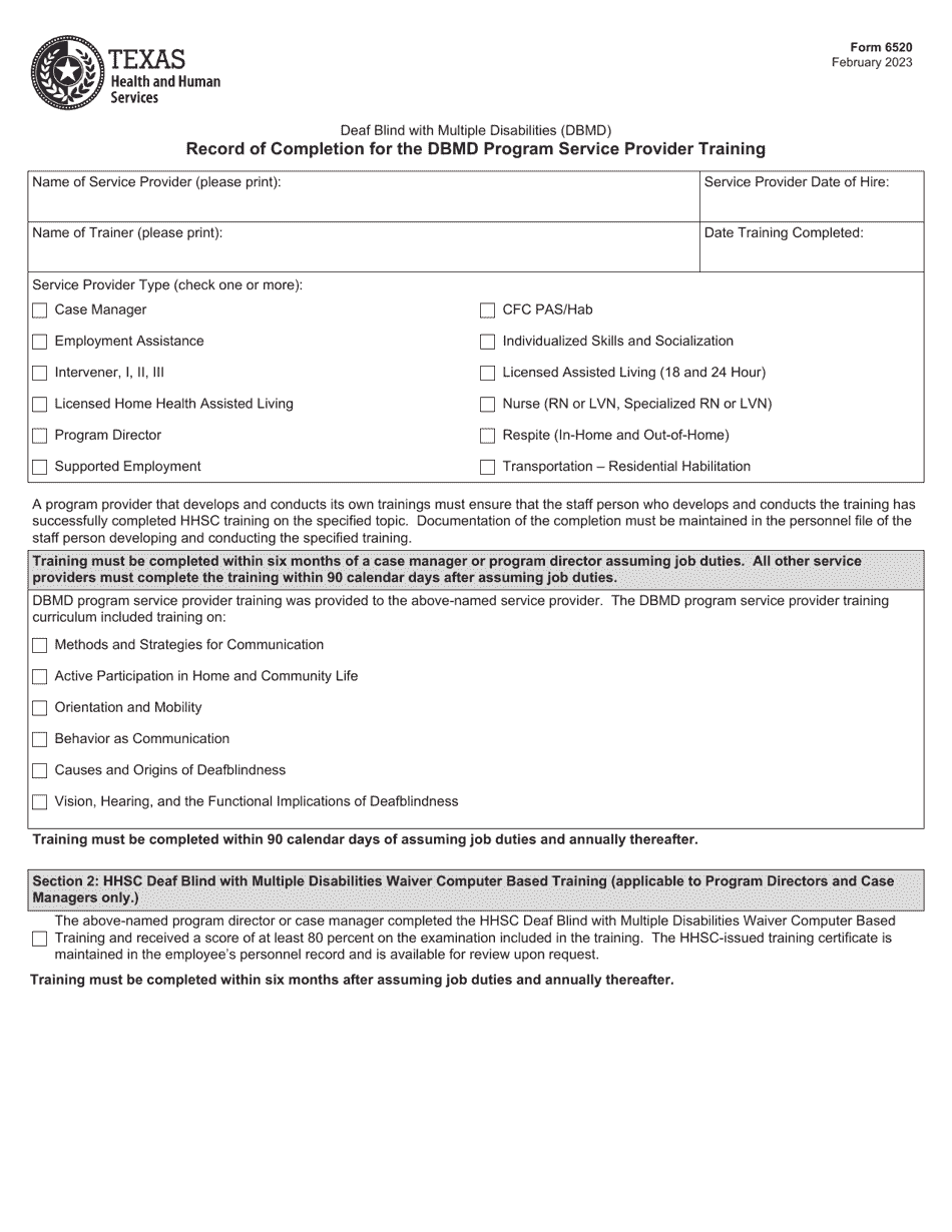 Form 6520 Record of Completion for the Dbmd Program Service Provider Training - Texas, Page 1