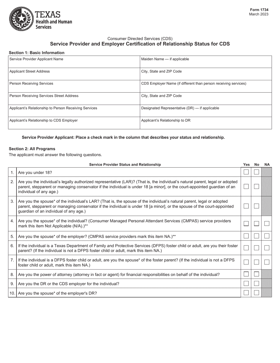 Form 1734 Fill Out, Sign Online and Download Fillable PDF, Texas
