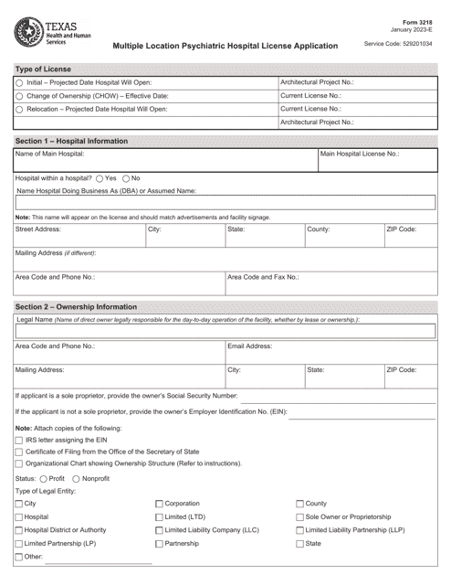 Form 3218 Multiple Location Psychiatric Hospital License Application - Texas