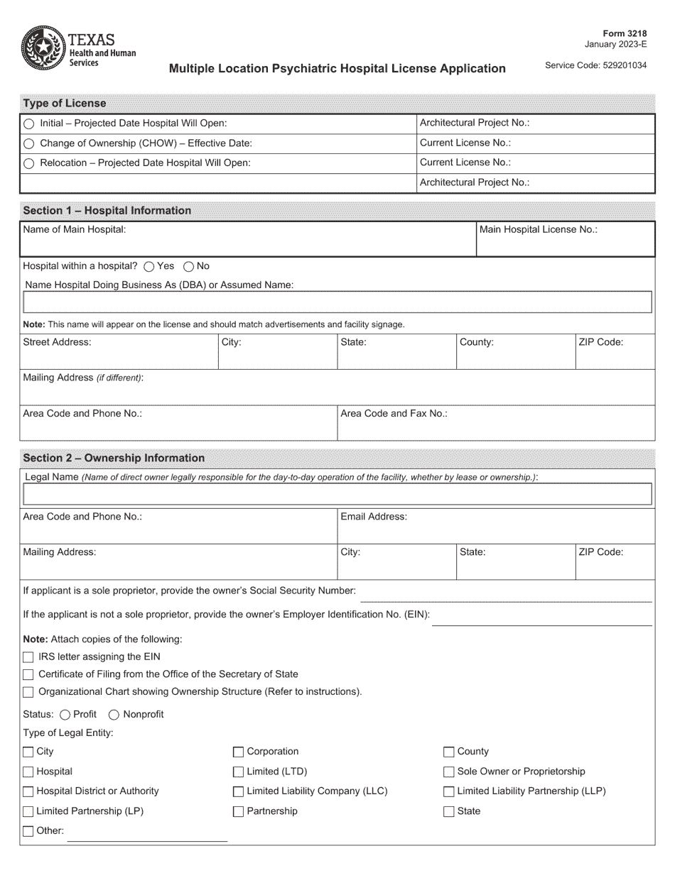 Form 3218 Multiple Location Psychiatric Hospital License Application - Texas, Page 1