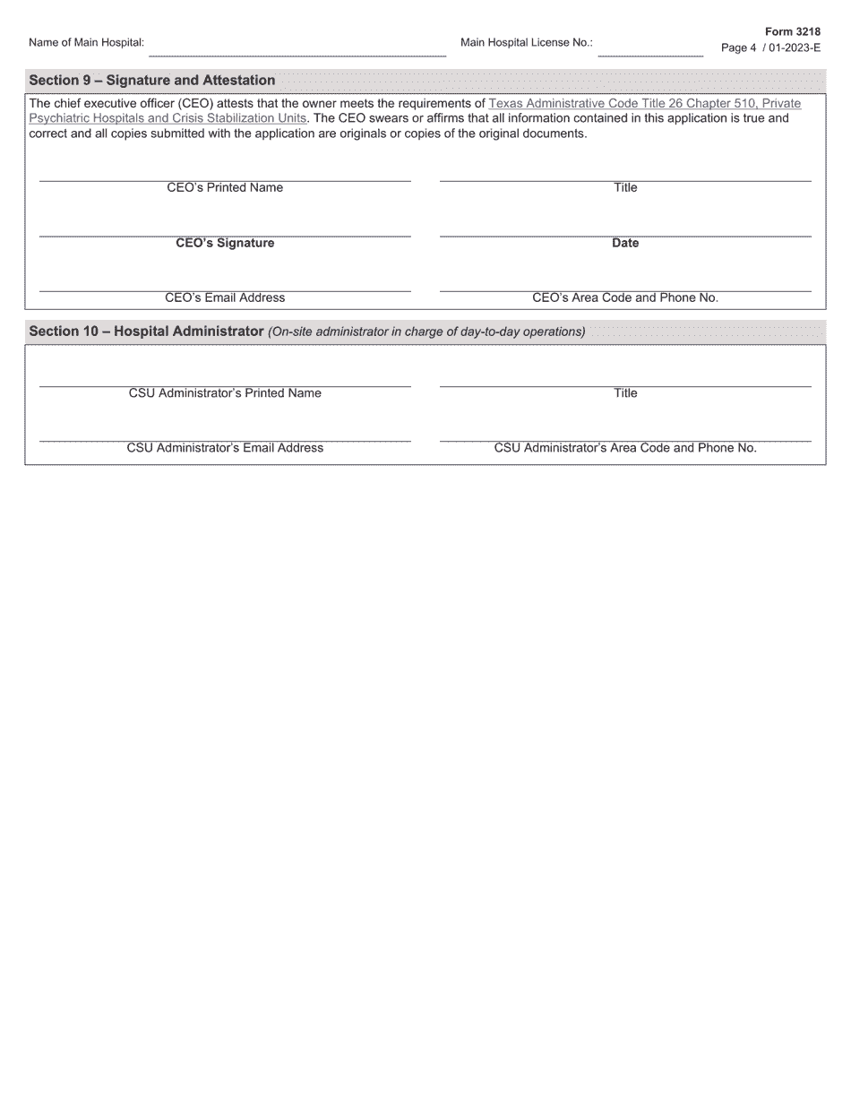 Form 3218 Multiple Location Psychiatric Hospital License Application - Texas, Page 4