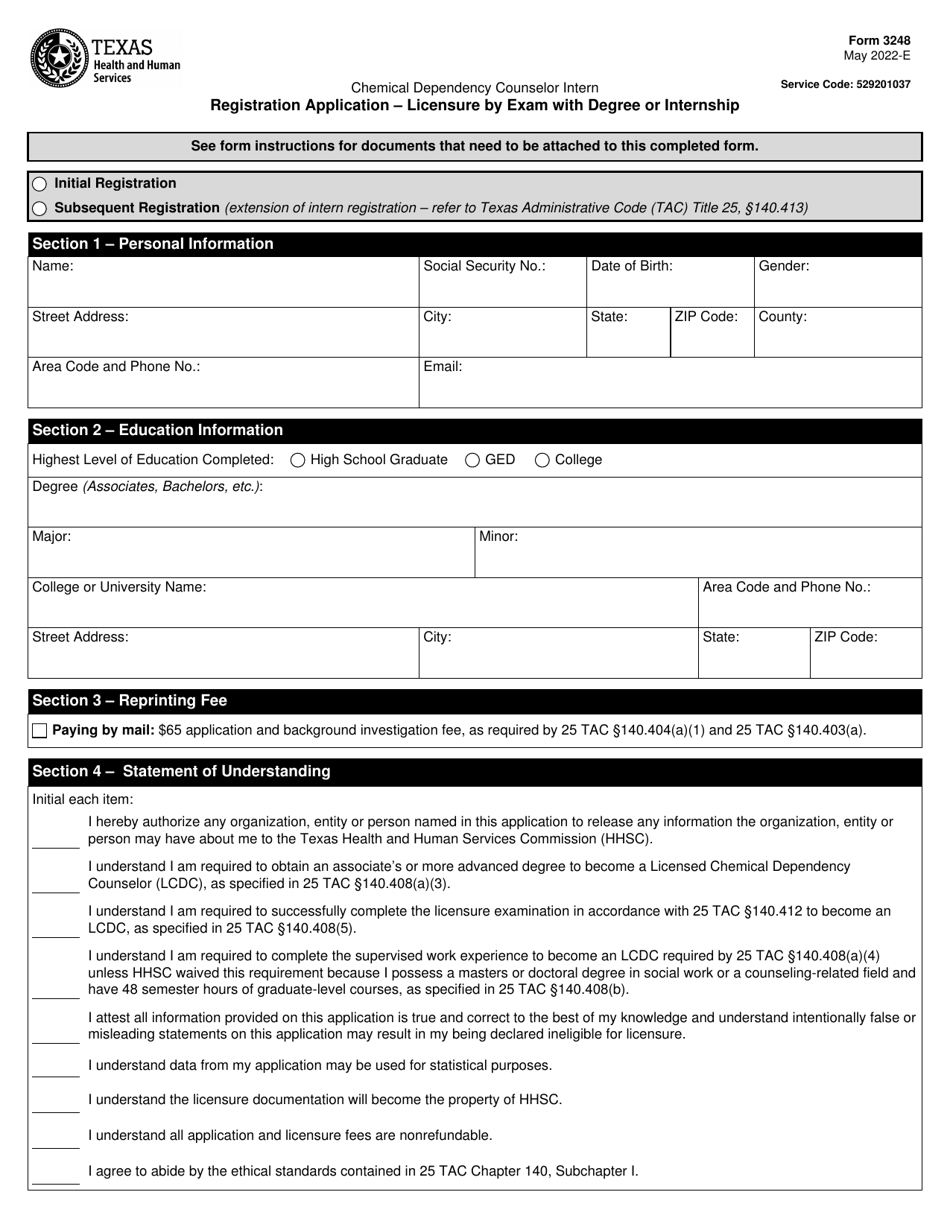 Form 3248 Chemical Dependency Counselor Intern Registration Application - Licensure by Exam With Degree or Internship - Texas, Page 1