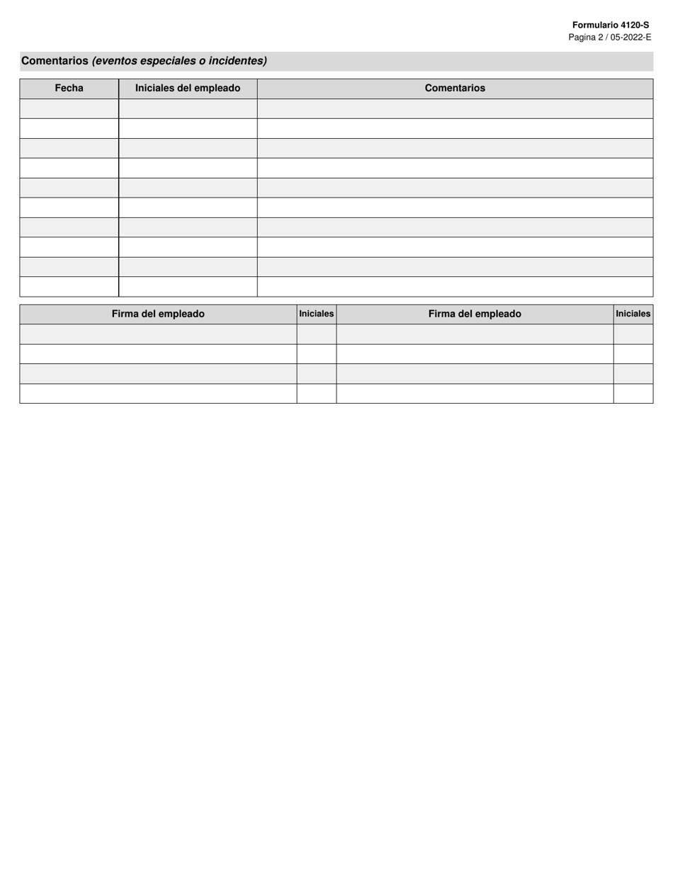 Formulario 4120-S Registro De Servicios De Habilitacion Diurna Prestados - Texas (Spanish), Page 2