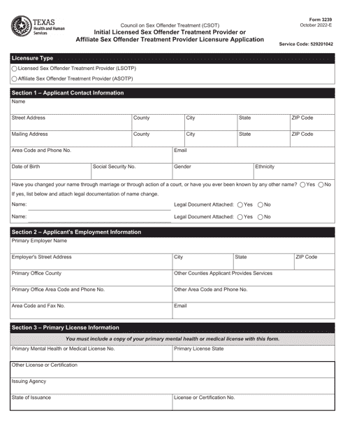 Form 3239 Initial Licensed Sex Offender Treatment Provider or Affiliate Sex Offender Treatment Provider Licensure Application - Texas