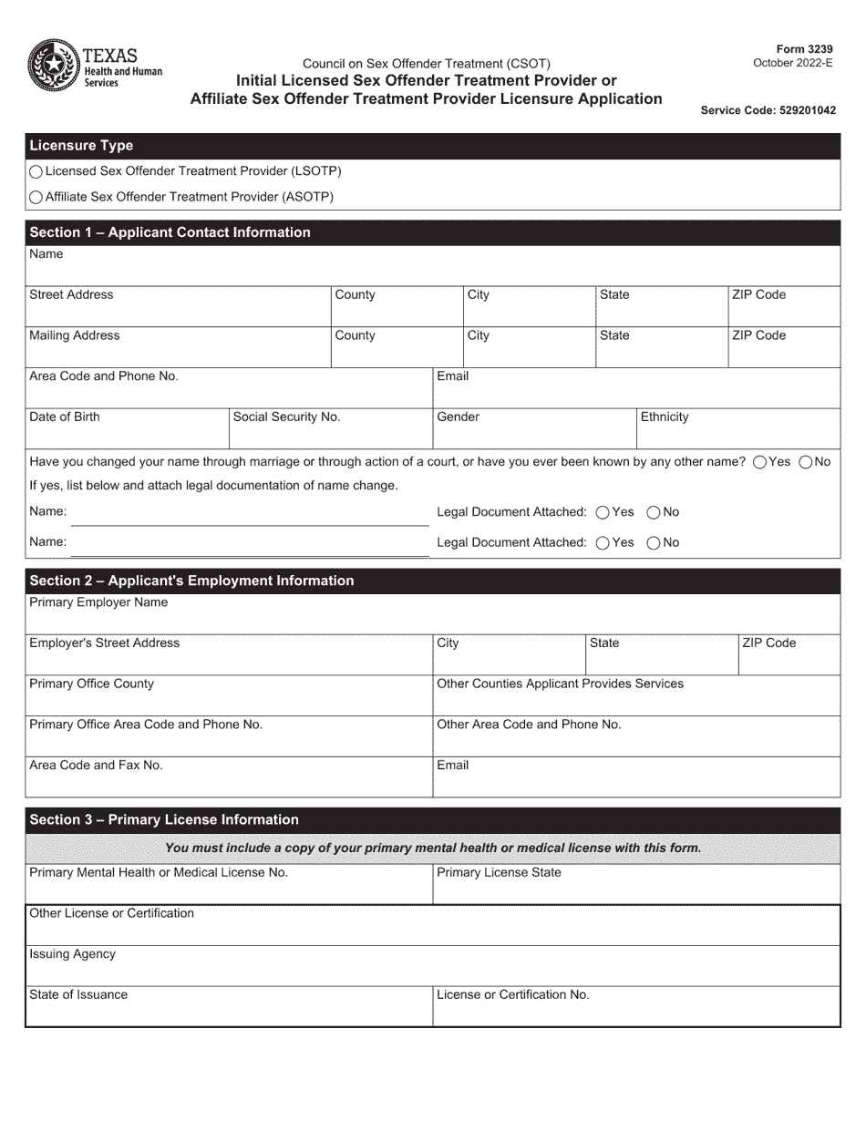 Form 3239 Initial Licensed Sex Offender Treatment Provider or Affiliate Sex Offender Treatment Provider Licensure Application - Texas, Page 1
