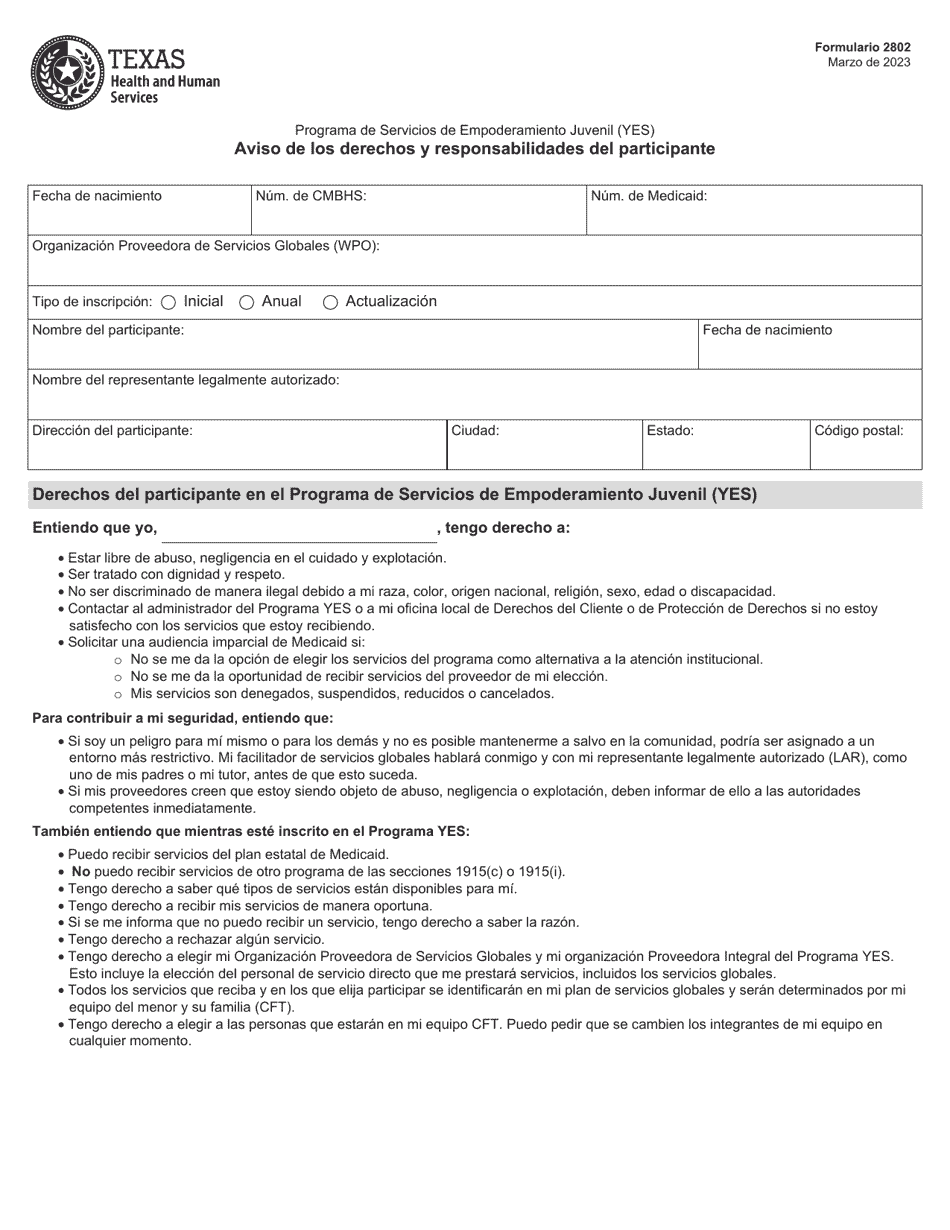 Formulario 2802-S Aviso De Los Derechos Y Responsabilidades Del Participante - Programa De Servicios De Empoderamiento Juvenil (Yes) - Texas (Spanish), Page 1