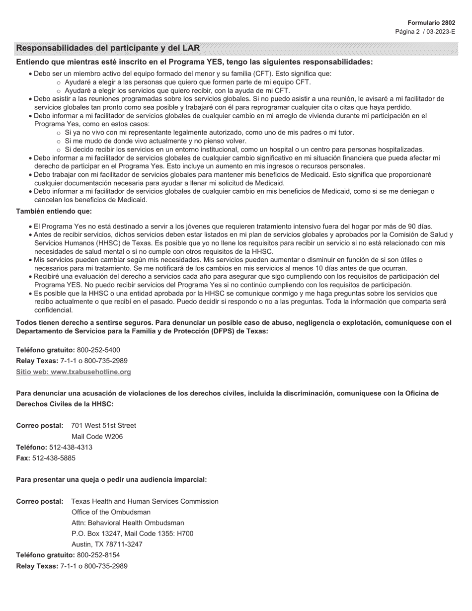 Formulario 2802-S Aviso De Los Derechos Y Responsabilidades Del Participante - Programa De Servicios De Empoderamiento Juvenil (Yes) - Texas (Spanish), Page 2