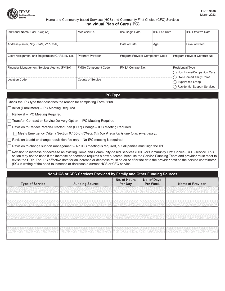 Form 3608 Download Fillable PDF or Fill Online Individual Plan of Care