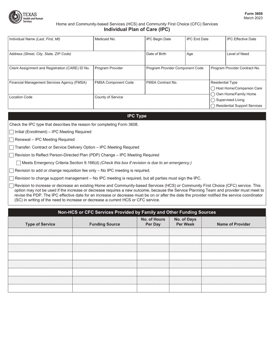 Form 3608 Individual Plan of Care (Ipc) - Texas, Page 1