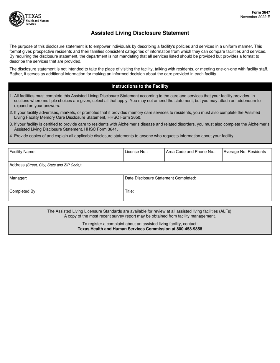 Form 3647 Assisted Living Disclosure Statement - Texas, Page 1