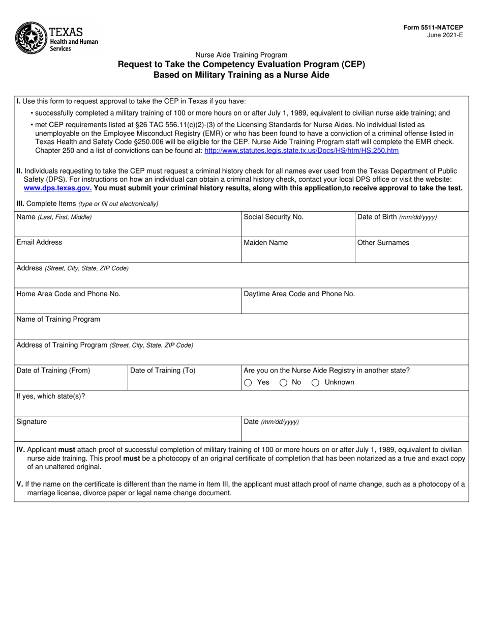 Form 5511-NATCEP Based on Military Training as a Nurse Aide - Request to Take the Competency Evaluation Program (Cep) - Texas, Page 1