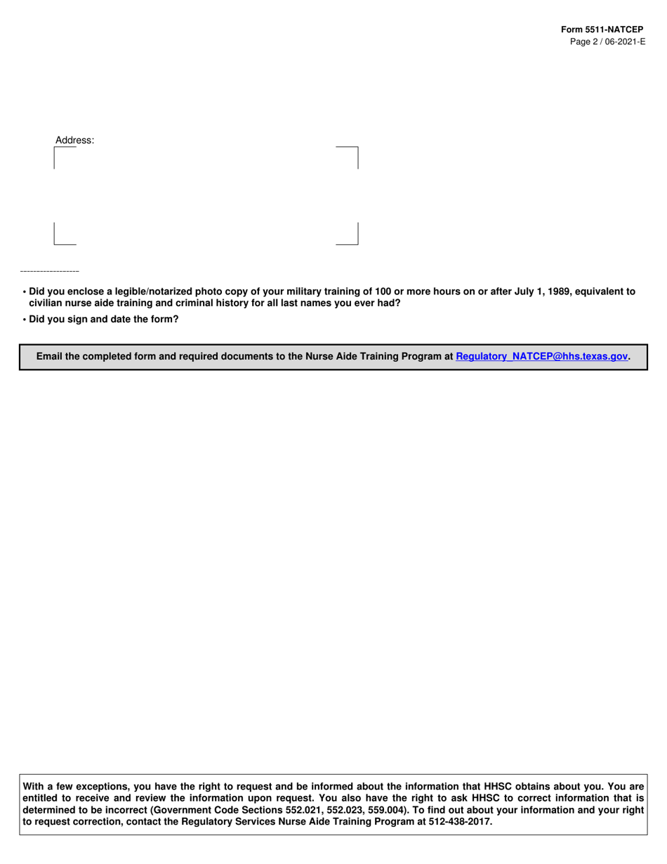 Form 5511-NATCEP Based on Military Training as a Nurse Aide - Request to Take the Competency Evaluation Program (Cep) - Texas, Page 2
