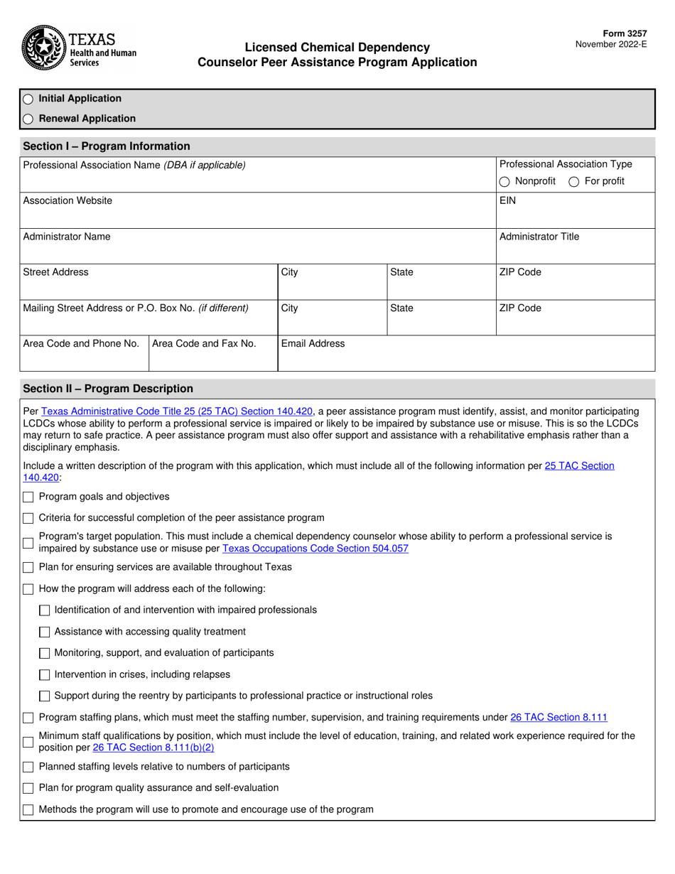 Form 3257 Licensed Chemical Dependency Counselor Peer Assistance Program Application - Texas, Page 1