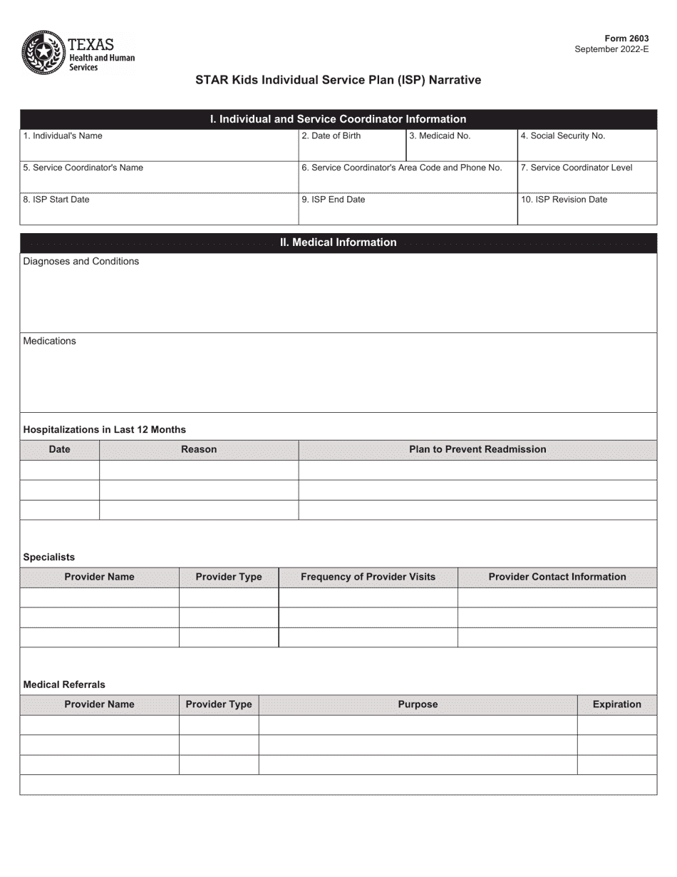 Form 2603 Star Kids Individual Service Plan (Isp) Narrative - Texas, Page 1