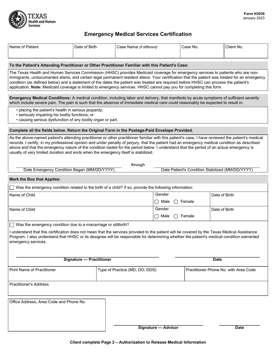 Form H3038 Emergency Medical Services Certification - Texas, Page 1