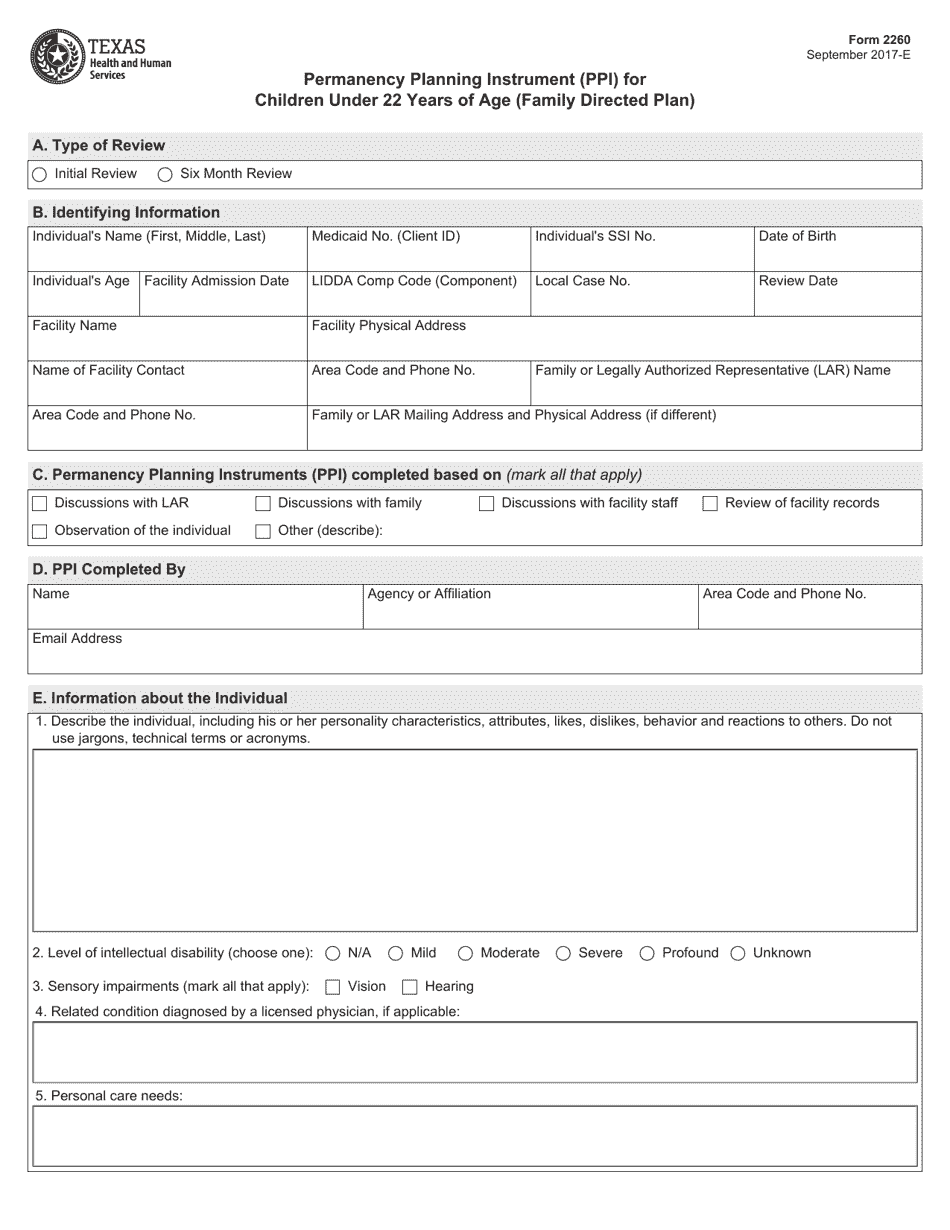 Form 2260 Permanency Planning Instrument (Ppi) for Children Under 22 Years of Age (Family Directed Plan) - Texas, Page 1