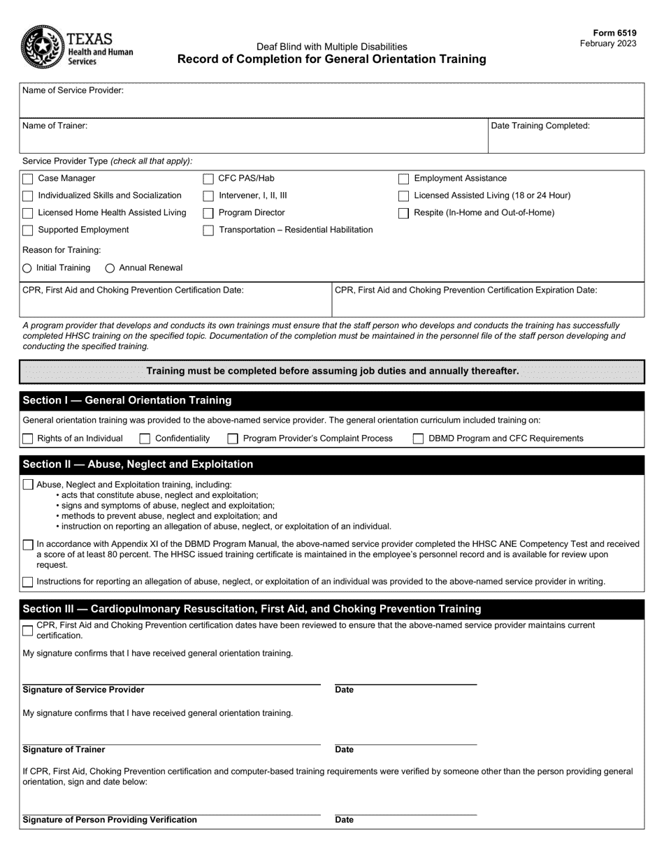 Form 6519 Record of Completion for General Orientation Training - Texas, Page 1