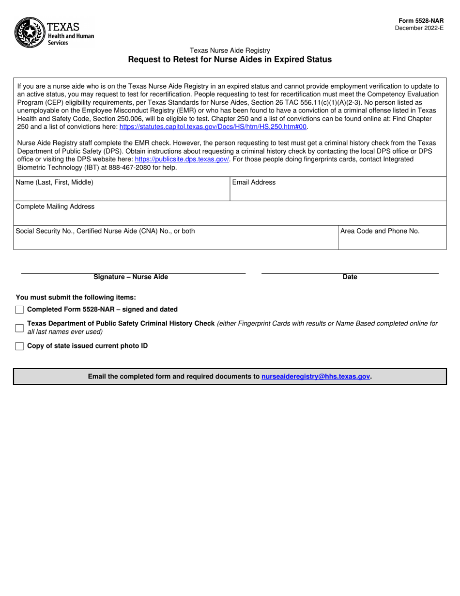 Form 5528-NAR Request to Retest for Nurse Aides in Expired Status - Texas, Page 1