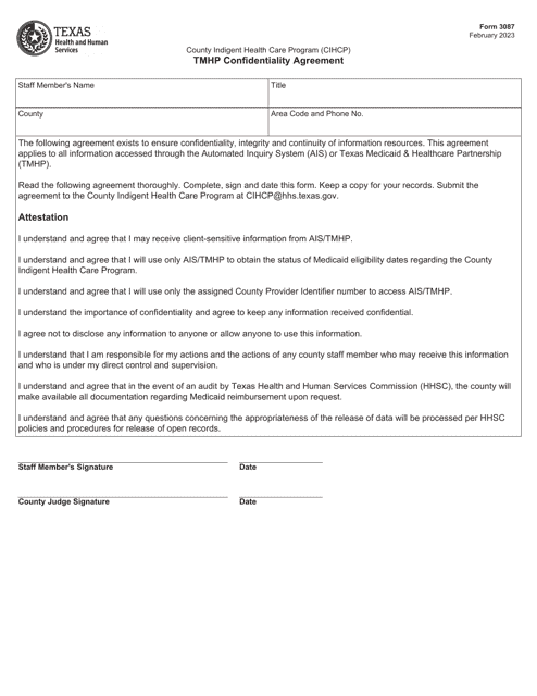 Form 3087 Tmhp Confidentiality Agreement - County Indigent Health Care Program (Cihcp) - Texas