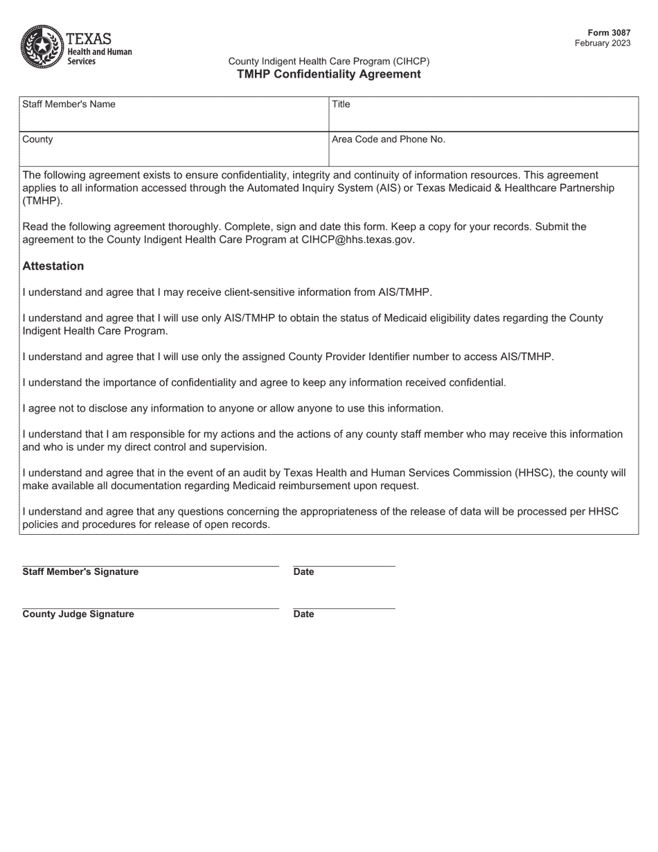 Form 3087 Tmhp Confidentiality Agreement - County Indigent Health Care Program (Cihcp) - Texas, Page 1