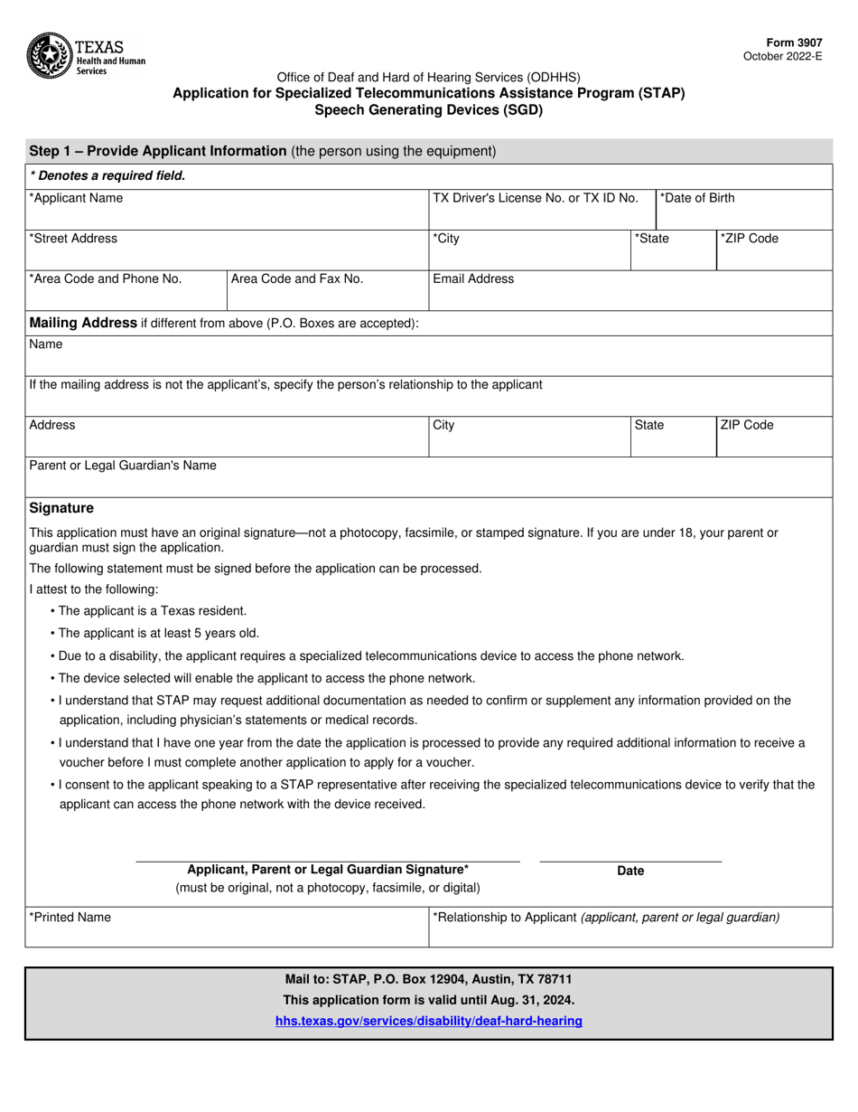 Form 3907 Speech Generating Devices (Sgd) - Application for Specialized Telecommunications Assistance Program (Stap) - Texas, Page 1