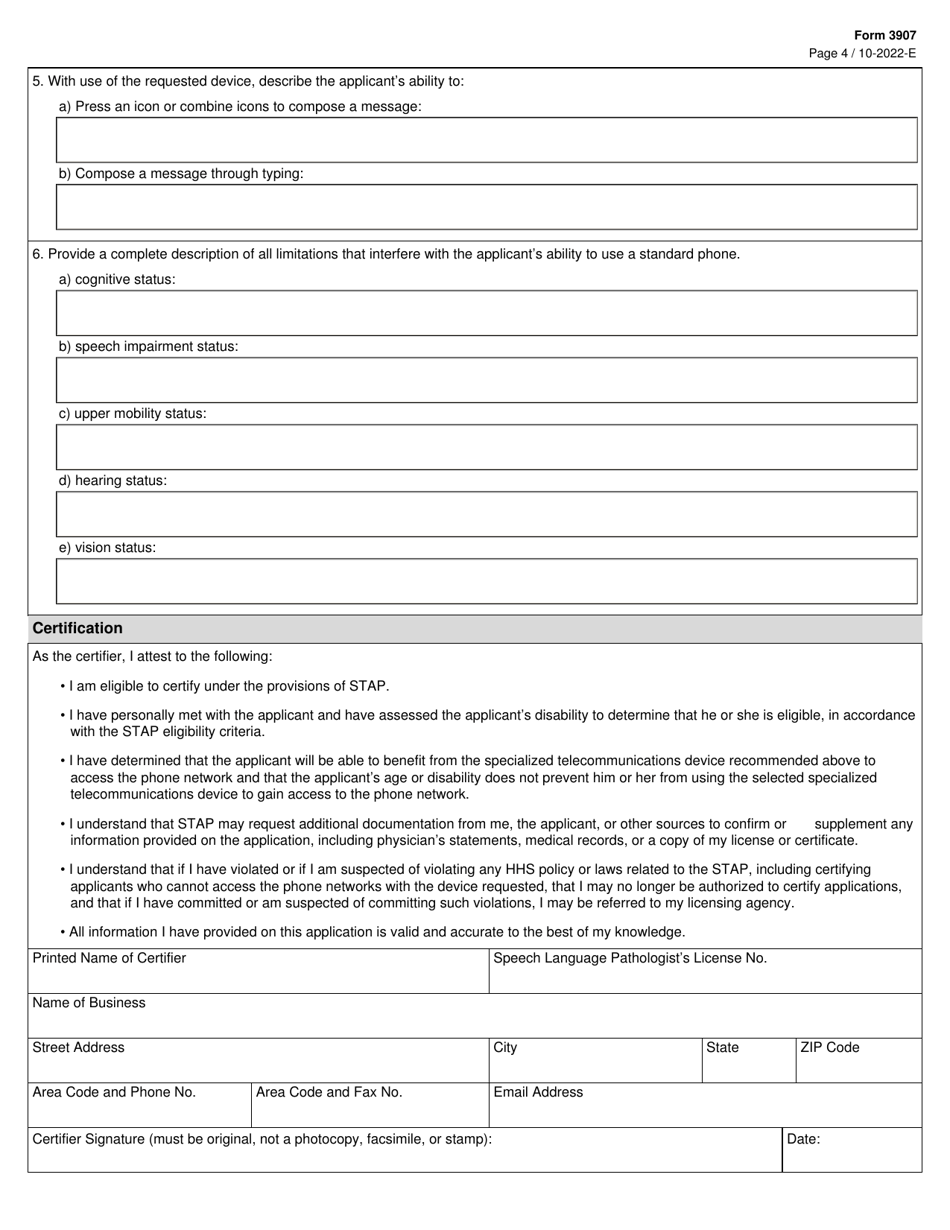 Form 3907 Speech Generating Devices (Sgd) - Application for Specialized Telecommunications Assistance Program (Stap) - Texas, Page 4