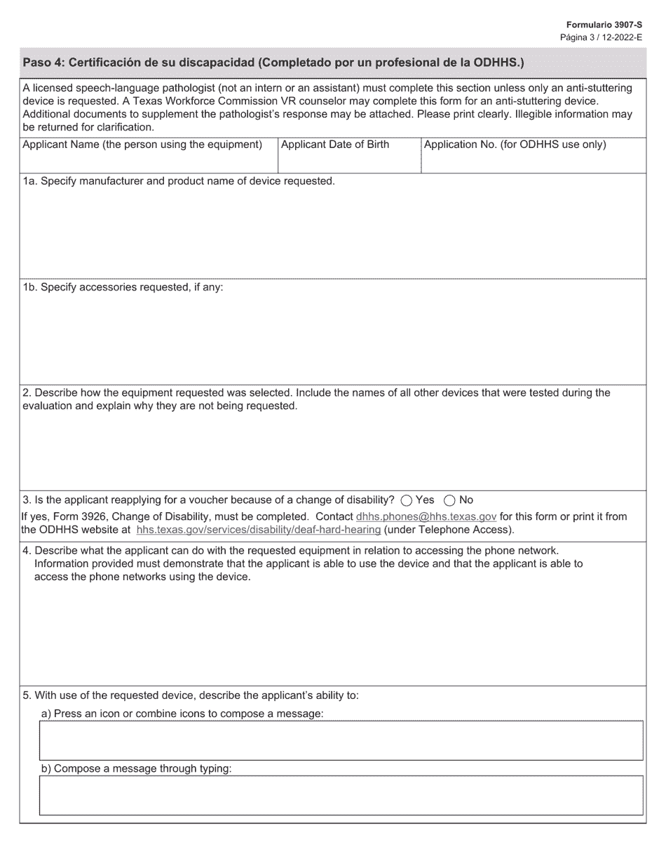 Formulario 3907-S Solicitud Para Dispositivos Generadores De Voz (Sgd) Del Programa De Asistencia Para Telecomunicaciones Especializadas (Stap) - Texas (Spanish), Page 3