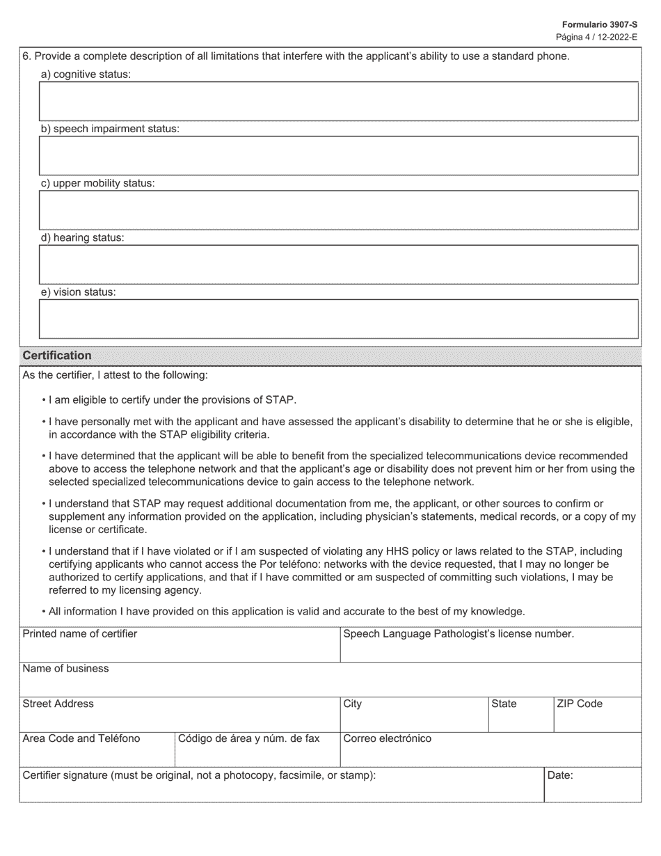 Formulario 3907-S Solicitud Para Dispositivos Generadores De Voz (Sgd) Del Programa De Asistencia Para Telecomunicaciones Especializadas (Stap) - Texas (Spanish), Page 4