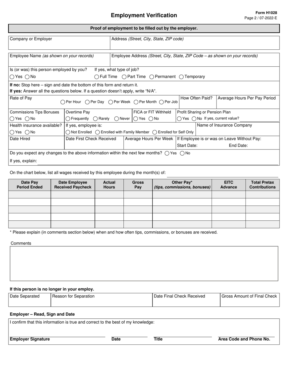 Form H1028 Download Fillable Pdf Or Fill Online Employment Verification Texas Templateroller 9299