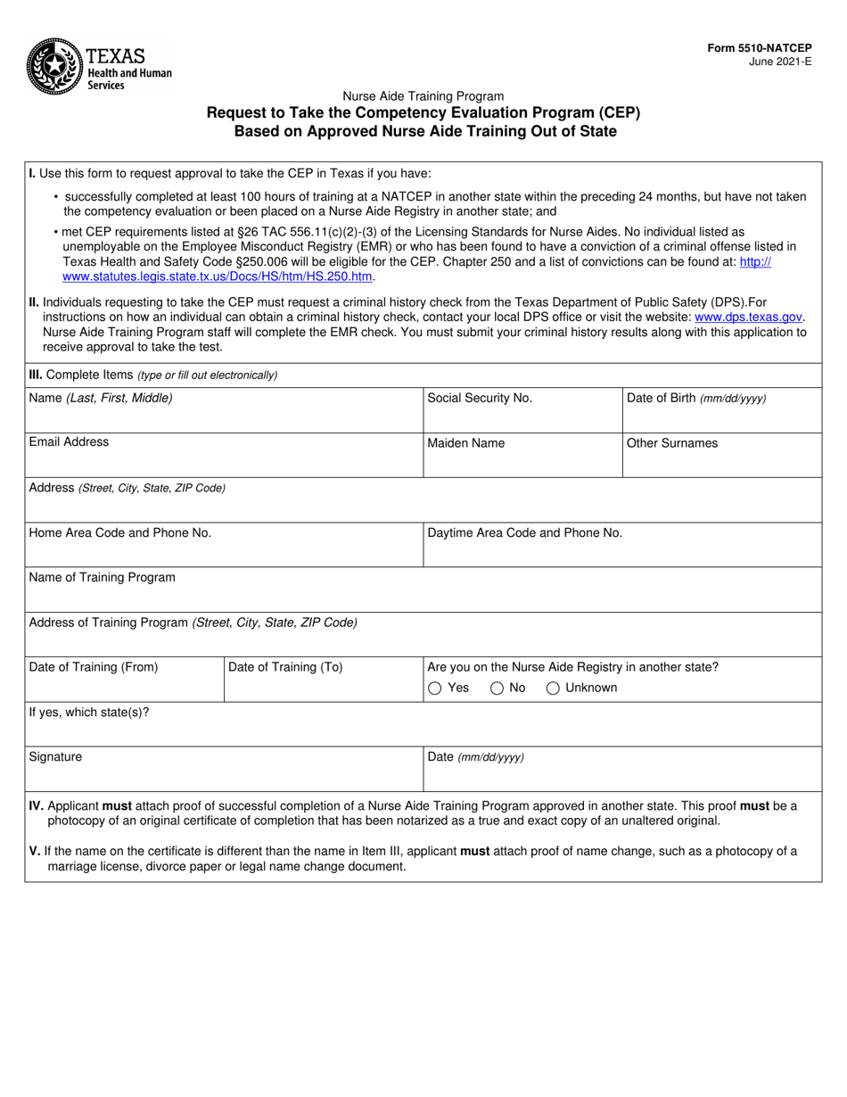 Form 5510-NATCEP Based on Approved Nurse Aide Training out of State - Request to Take the Competency Evaluation Program (Cep) - Texas, Page 1